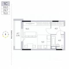 ЖК «Пироговская Ривьера», планировка студии, 29.70 м²