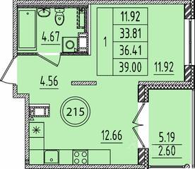 МЖК «Образцовый квартал 14», планировка 1-комнатной квартиры, 33.81 м²