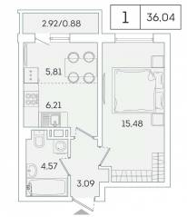 ЖК «Lampo», планировка 1-комнатной квартиры, 35.40 м²