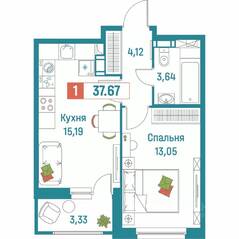 ЖК «Графика», планировка 1-комнатной квартиры, 37.67 м²