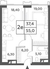 ЖК «Will Towers», планировка 2-комнатной квартиры, 55.00 м²