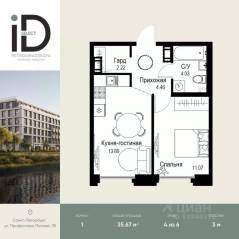 ЖК «ID Petrogradskaya», планировка 1-комнатной квартиры, 35.67 м²