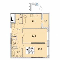 ЖК «Центр-2», планировка 2-комнатной квартиры, 56.30 м²