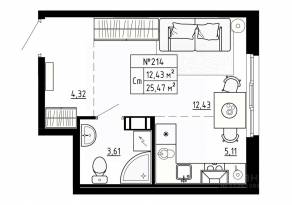 МЖК «Аннино Сити», планировка студии, 25.46 м²