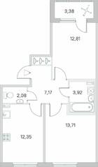 МЖК «Любоград», планировка 2-комнатной квартиры, 53.73 м²