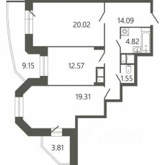 ЖК «Мессиер 18», планировка 2-комнатной квартиры, 77.02 м²