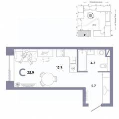 ЖК «Страна.Заречная», планировка студии, 25.90 м²