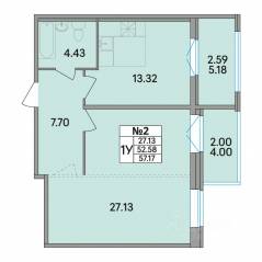 ЖК «Рождественский квартал», планировка 1-комнатной квартиры, 57.17 м²