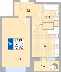 ЖК «Самоцветы мира», планировка 1-комнатной квартиры, 39.50 м²