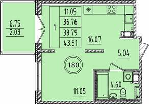 МЖК «Образцовый квартал 14», планировка 1-комнатной квартиры, 36.76 м²