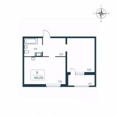 ЖК «Расцветай в Янино», планировка 1-комнатной квартиры, 46.00 м²