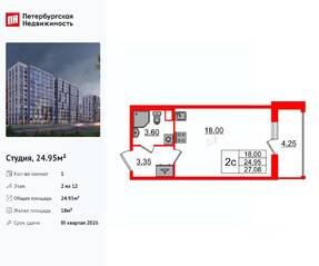 ЖК «Бионика Заповедная», планировка студии, 24.95 м²