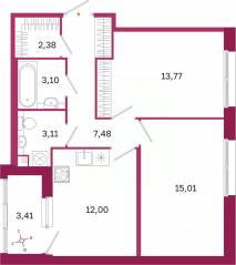 ЖК «Дом на Курской», планировка 2-комнатной квартиры, 58.56 м²