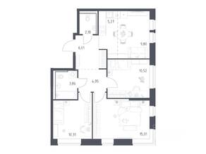 ЖК «Пригород Лесное», планировка 3-комнатной квартиры, 67.01 м²