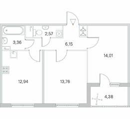 МЖК «Любоград», планировка 2-комнатной квартиры, 54.98 м²