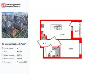 ЖК «Город звезд», планировка 1-комнатной квартиры, 32.77 м²