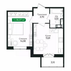 ЖК «Sertolovo Park», планировка 1-комнатной квартиры, 36.07 м²