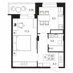 ЖК «Времена года», планировка 1-комнатной квартиры, 41.05 м²