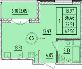 МЖК «Образцовый квартал 17», планировка 1-комнатной квартиры, 36.46 м²