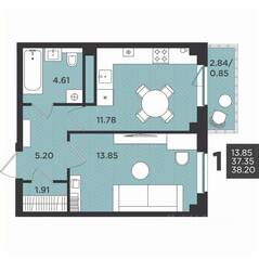 МЖК «Новокасимово», планировка 1-комнатной квартиры, 38.20 м²