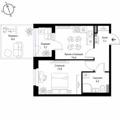 МЖК «Экография», планировка 1-комнатной квартиры, 37.00 м²