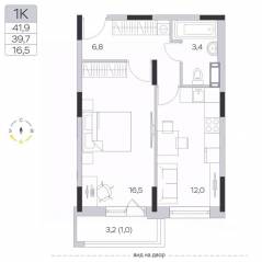 ЖК «Пироговская Ривьера», планировка 1-комнатной квартиры, 39.30 м²