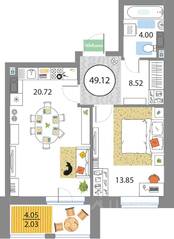 ЖК «Modum», планировка 2-комнатной квартиры, 49.12 м²