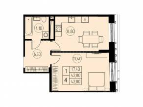 ЖК «7 небо», планировка 1-комнатной квартиры, 42.80 м²