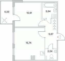 МЖК «Новое Сертолово», планировка 1-комнатной квартиры, 38.00 м²