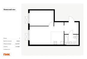 ЖК «Янинский лес», планировка 1-комнатной квартиры, 41.27 м²