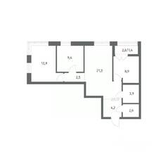 ЖК «NEWПИТЕР», планировка 3-комнатной квартиры, 67.42 м²