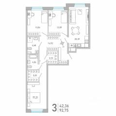 ЖК «Министр», планировка 3-комнатной квартиры, 92.75 м²