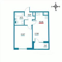 ЖК «Левитан», планировка 1-комнатной квартиры, 43.46 м²