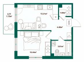 ЖК «ЛесART», планировка 1-комнатной квартиры, 34.67 м²