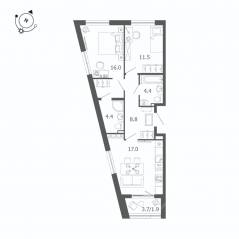 МЖК «Пулковский дом», планировка 2-комнатной квартиры, 64.00 м²