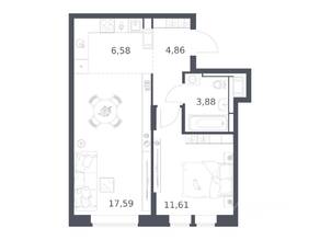 ЖК «Большое Путилково», планировка 1-комнатной квартиры, 44.52 м²