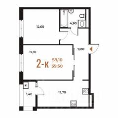 ЖК «Новое Летово», планировка 2-комнатной квартиры, 59.50 м²