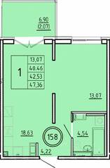 МЖК «Образцовый квартал 16», планировка 1-комнатной квартиры, 40.46 м²