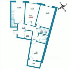 ЖК «Левитан», планировка 3-комнатной квартиры, 74.71 м²