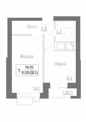 МЖК «Новое Замитино», планировка 1-комнатной квартиры, 33.20 м²