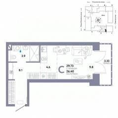 ЖК «Страна.Озерная», планировка студии, 29.73 м²