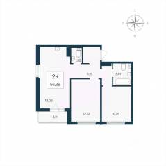 ЖК «Расцветай в Янино», планировка 2-комнатной квартиры, 56.88 м²