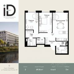 ЖК «ID Petrogradskaya», планировка 2-комнатной квартиры, 69.54 м²