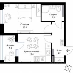 МЖК «Экография», планировка 1-комнатной квартиры, 34.50 м²