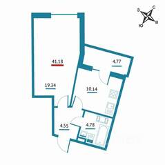 ЖК «Левитан», планировка 1-комнатной квартиры, 41.18 м²