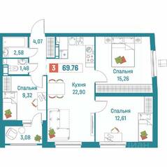 ЖК «Графика», планировка 3-комнатной квартиры, 69.76 м²