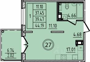 МЖК «Образцовый квартал 14», планировка 1-комнатной квартиры, 37.45 м²