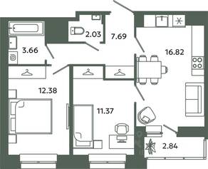 ЖК «Загляденье», планировка 2-комнатной квартиры, 53.96 м²