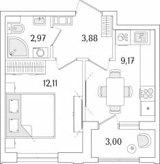 ЖК «Гранат», планировка 1-комнатной квартиры, 29.63 м²