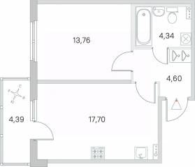 МЖК «Любоград», планировка 1-комнатной квартиры, 41.72 м²